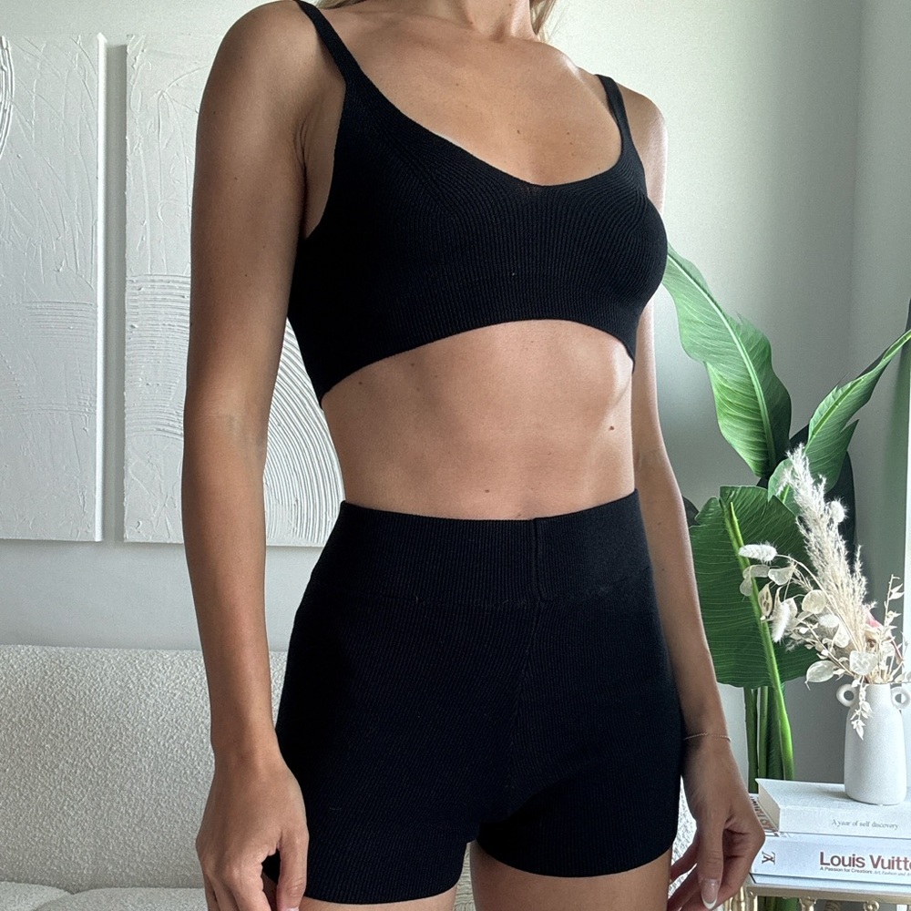 Black Ribbed Sports Bra and Shorts Set